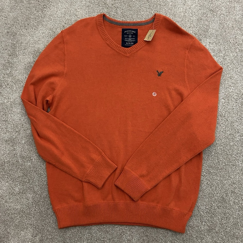 American Eagle Men's Size XL Soft Knit V Neck Sweater Bright Orange NEW‎